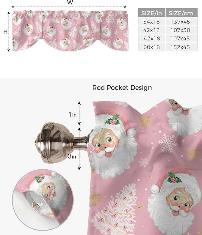 Pink Christmas Blackout Tie Up Valance Curtains for Kitchen Windows Santa Claus Merry Christmas Tree Window Toppers Balloon Shades for Living Room/Bathroom/Bedroom,1 Panel, 60" X 18", Winter Snowflake