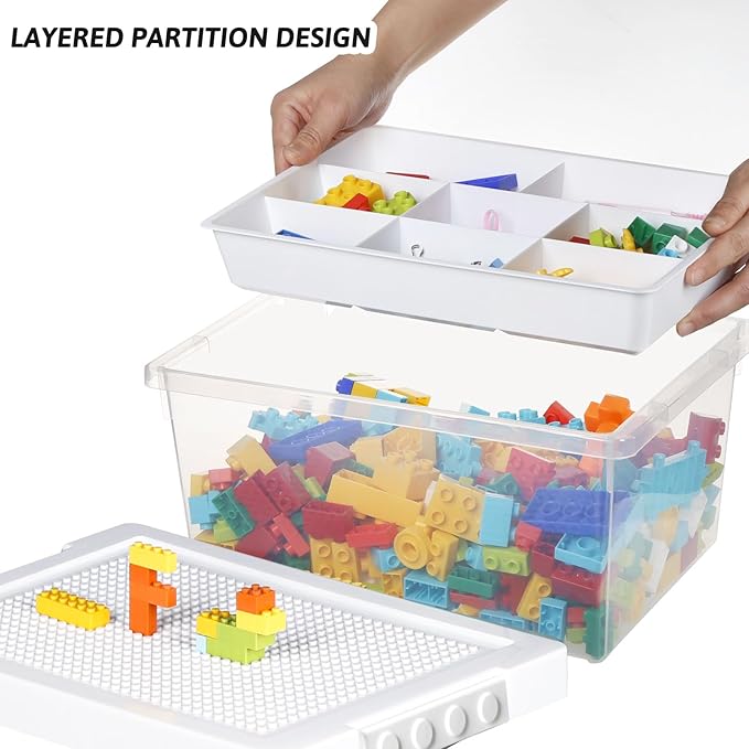 loobuu Plastic Storage Bins with Lids - 3 Set Stackable Arts Crafts Organizer Box with Removable Divided Tray &Compatible Building Baseplate,Toy Chest Containers for Bricks -White
