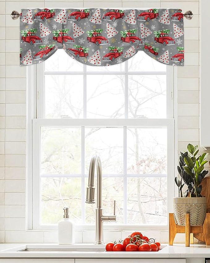 Red Truck Christmas Blackout Tie Up Valance Curtains for Kitchen Windows Merry Christmas Tree Window Toppers Balloon Shades for Living Room/Bathroom/Bedroom,1 Panel, 42" X 18", Winter Snowflake Grey