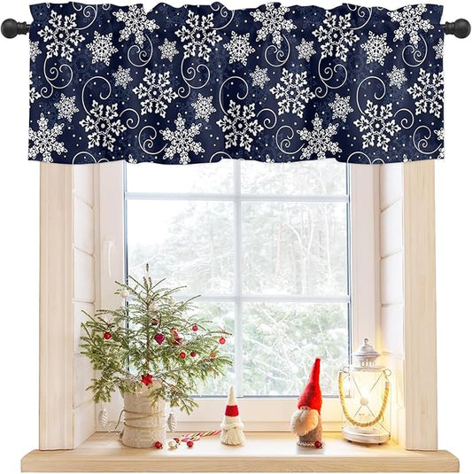 Christmas Valance Curtains for Kitchen Windows White Navy Snowflakes Pattern Rod Pocket Window Treatment Toppers for Kitchen/Living Room/Bedroom/Bathroom, 42" X 12", Winter