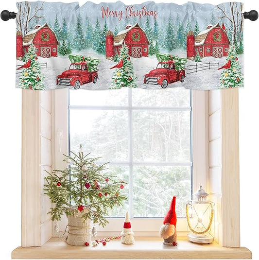 Red Truck Christmas Valance Curtains for Kitchen Windows Merry Christmas Farmhouse Rod Pocket Window Treatment Toppers for Kitchen/Living Room/Bedroom/Bathroom, 54" X 18", Winter Xmas Tree