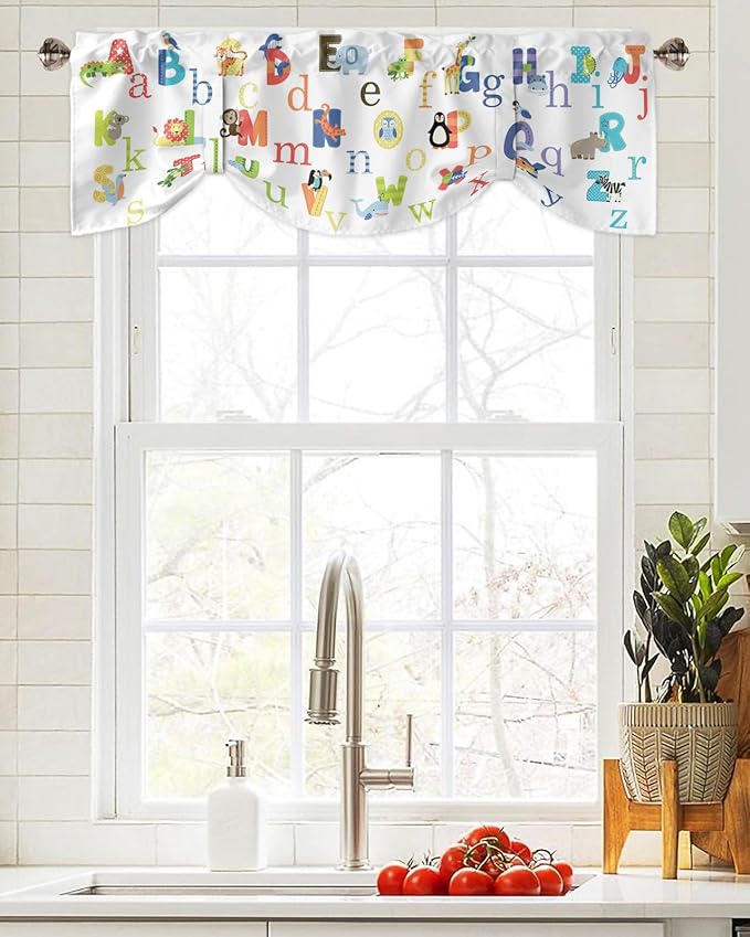 Cute Animals Alphabet for Kids Blackout Tie Up Valance Curtains for Kitchen Windows Colorful Printed Window Toppers Balloon Shades for Living Room/Bathroom/Bedroom,1 Panel,42" X 18"