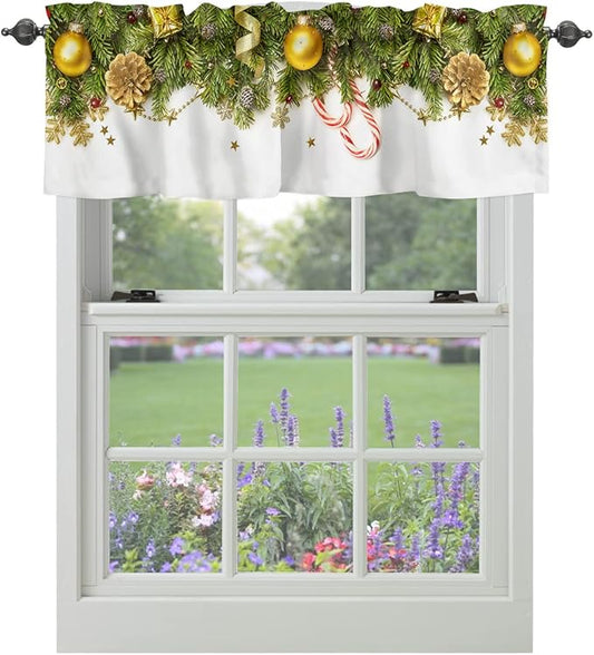 Christmas Kitchen Curtains Valances for Windows Pine Cones Rod Pocket Window Treatment for Kitchen/Living Room/Bedroom/Bathroom,60" X 18" -1 Panel, Golden Ornament Balls