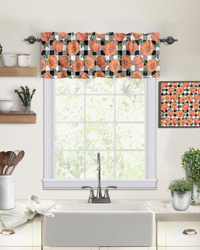 Fall Kitchen Curtains Valances for Windows Thanksgiving Halloween Pumpkins Rod Pocket Window Treatment for Kitchen /Living Room/Bedroom/ Bathroom,54" X 18" , Farmhouse Black White Buffalo Plaid