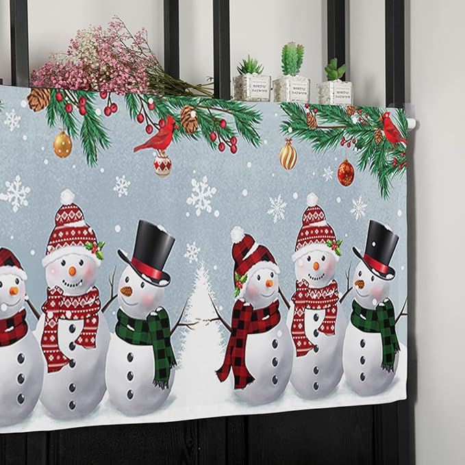 Christmas Kitchen Curtains Valances for Windows Snowman Cardinal Rod Pocket Window Treatment for Kitchen/Living Room/Bedroom/Bathroom,42" X 18" -1 Panel, Bluish Grey Winter Holiday
