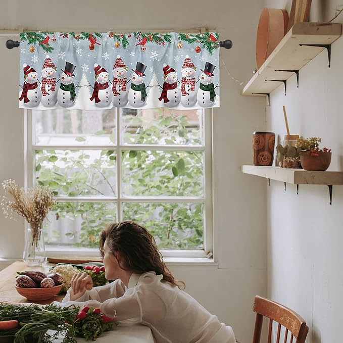 Christmas Kitchen Curtains Valances for Windows Snowman Cardinal Rod Pocket Window Treatment for Kitchen/Living Room/Bedroom/Bathroom,42" X 18" -1 Panel, Bluish Grey Winter Holiday