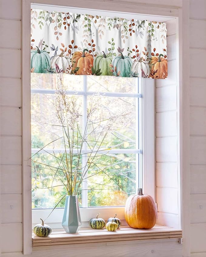 Fall Thanksgiving Kitchen Curtains Valances for Windows Autumn Pumpkins Eucalyptus Leaves Rod Pocket Window Treatment for Kitchen /Living Room/Bedroom/ Bathroom, 42" X 18", Blue Sage Green Orange