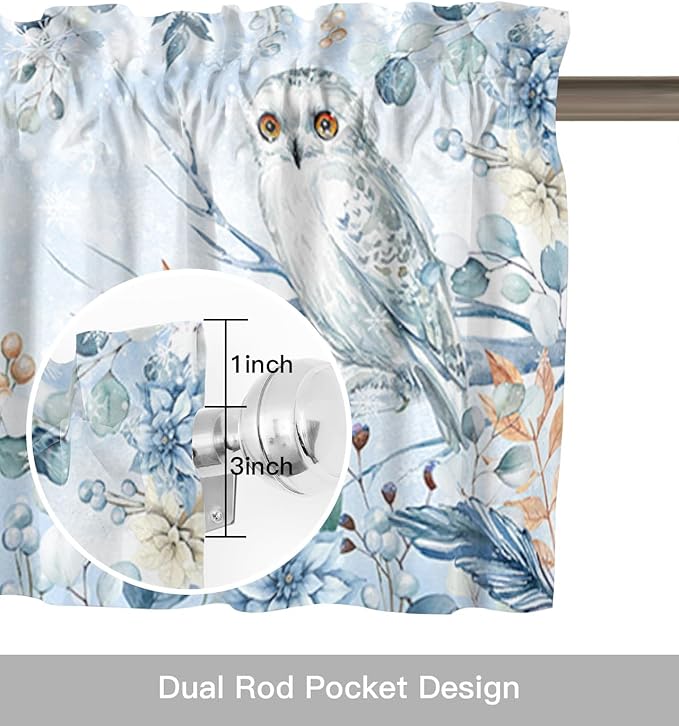 Blue Christmas Valance Curtains for Kitchen Windows Winter Snowy Owl Poinsettia Eucalyptus Leaves Rod Pocket Window Treatment Toppers for Kitchen/Living Room/Bedroom/Bathroom, 42" X 12",