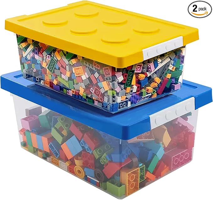 loobuu Plastic Storage Bins with Lids - Stackable Toy Storage Organizer Box Set of 2, Kids Toy Chests with Compatible Building Baseplate and Lid, Storage Container for Building Bricks - Yellow+Blue