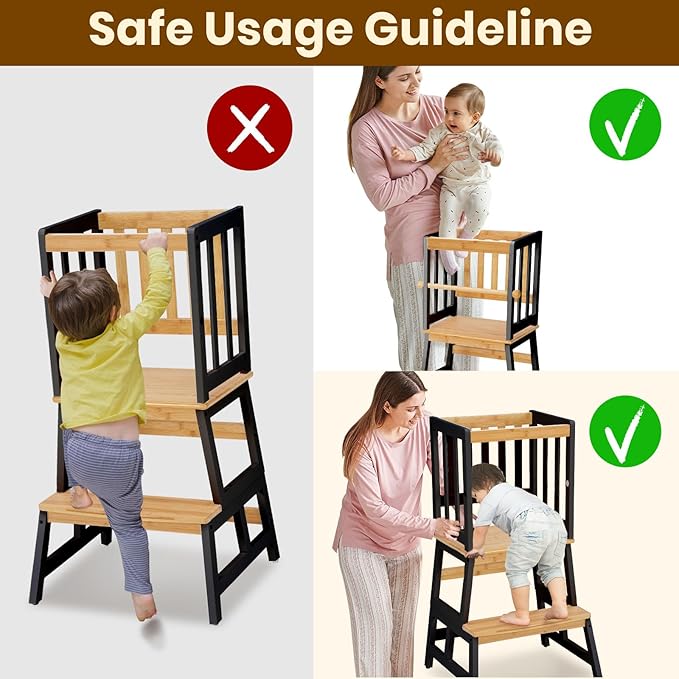 COSYLAND Kids Kitchen Step Stool, Toddler Standing Tower with CPC & FSC Certification, Removable Anti-Drop Railing Safety Rail Enjoys Unique Patented Design A Anti-tip Stable Structure Natural & Black