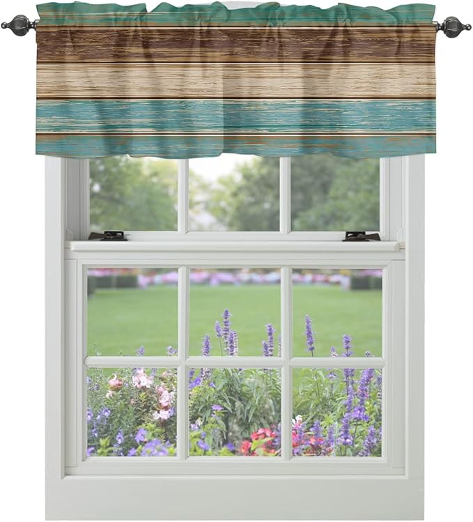 Farmhouse Kitchen Curtains Valances for Windows Teal Turquoise Green Brown Country Rod Pocket Window Treatment for Kitchen /Living Room/Bedroom/ Bathroom,42" X 18" -1 Panel, Retro Rustic Barn Wood