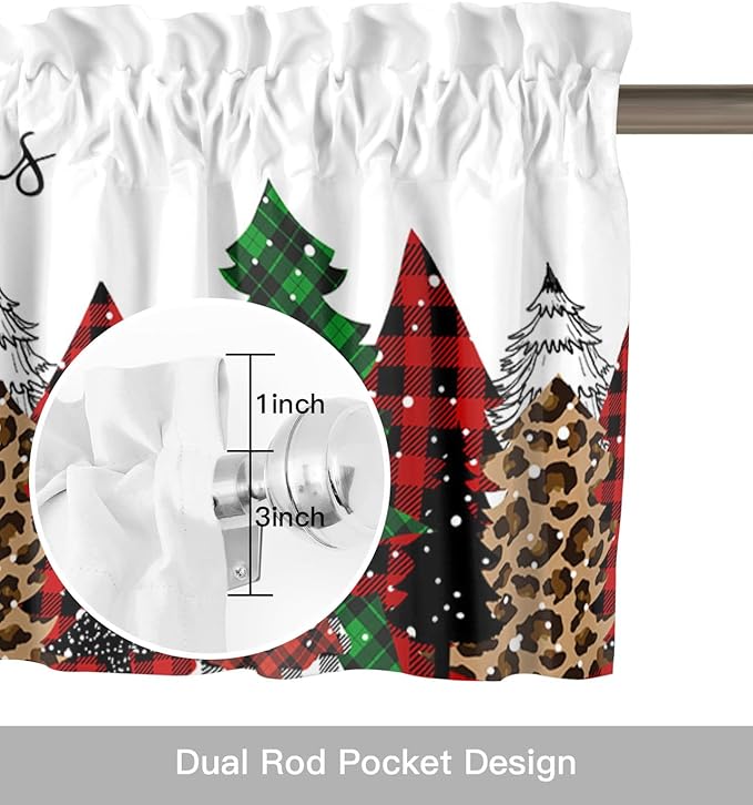 Merry Christmas Valance Curtains for Kitchen Windows Buffalo Plaid Xmas Tree Winter Forest Farmhouse Rod Pocket Window Treatment Toppers for Kitchen/Living Room/Bedroom/Bathroom, 42" X 18",Red Green