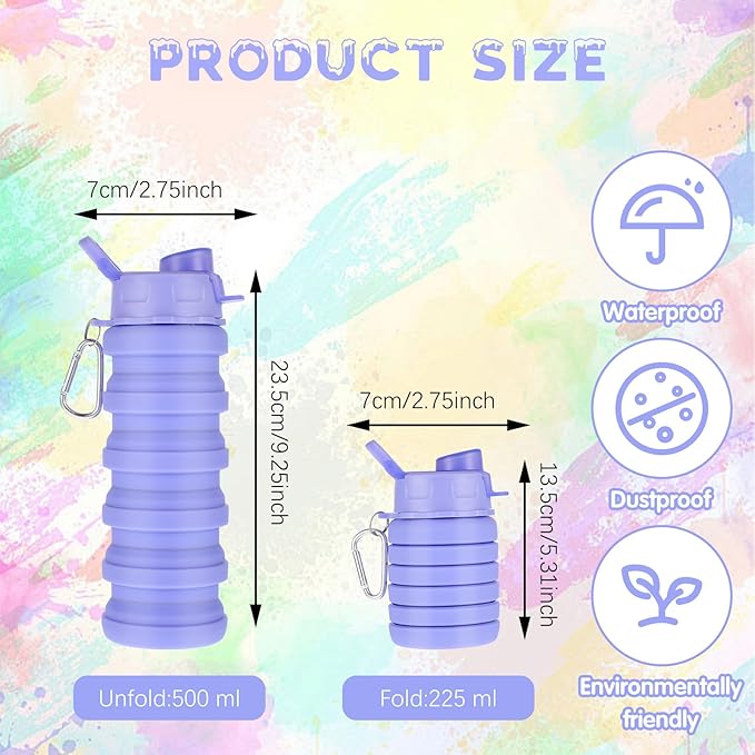 MAQUITA 4 Pcs Collapsible Water Bottles 16 oz Portable Foldable Water Bottles Silicone Leak Proof Travel Water Bottle Reusable Sports Water Bottle with Metal Clip for Camping Hiking Travel