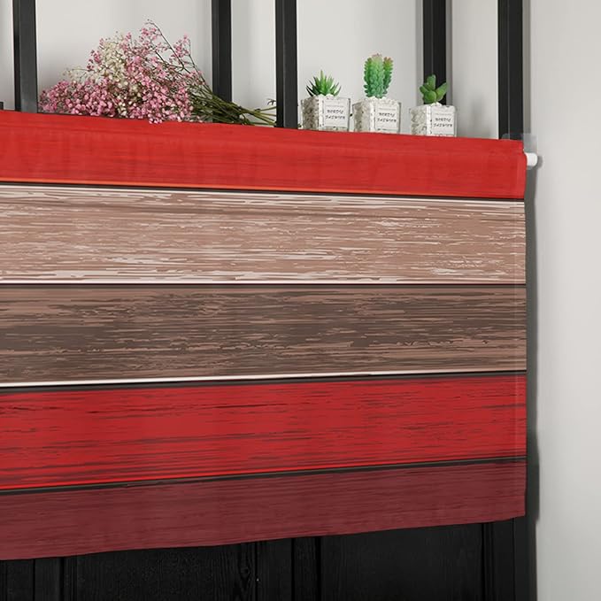 Farmhouse Kitchen Curtains Valances for Windows , Christmas Red Brown Rod Pocket Country Window Treatment for Kitchen /Living Room/Bedroom/ Bathroom,42" X 18" -1 Panel, Retro Rustic Barn Wood Texture