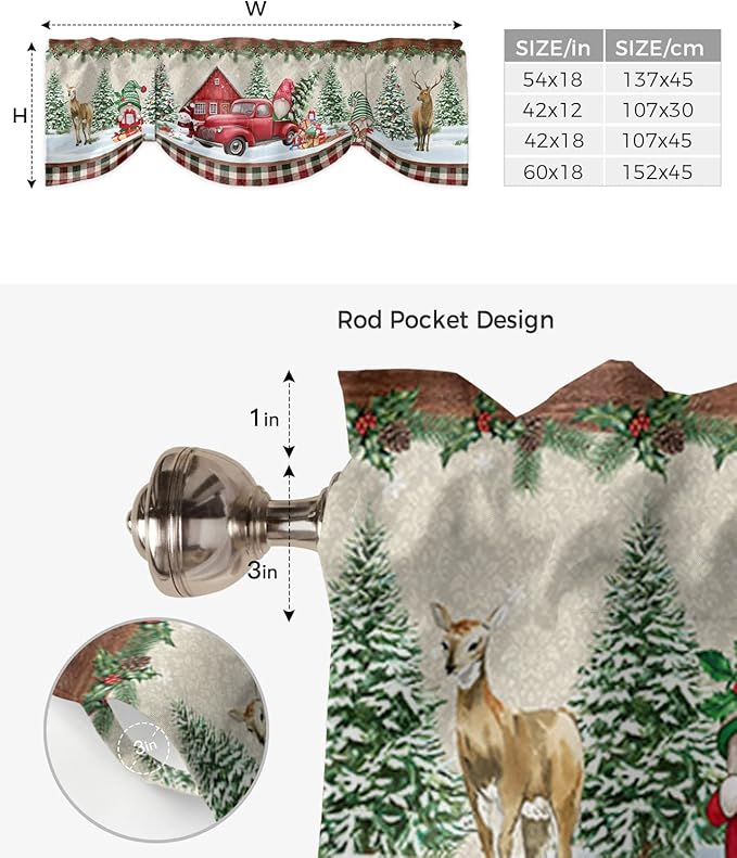Christmas Farmhouse Blackout Tie Up Valance Curtains for Kitchen Windows Red Truck Gnomes Window Toppers Balloon Shades for Living Room/Bathroom/Bedroom,1 Panel,60" X 18" Winter Holiday Snowman
