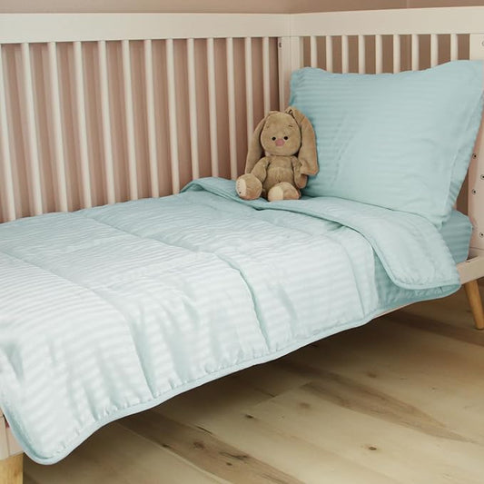 Toddler Bedding Set - 4 Piece Soft Crib Bedding Set for Boys and Girls, Includes Toddler Comforter, Flat Sheet, Fitted Sheet and Pillowcase, Green Stripe