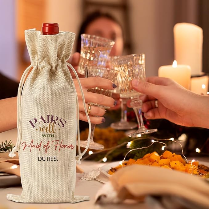 Maid of Honor Bridesmaid Proposal Gifts, Maid of Honor Bridesmaid Wine Bag, Wedding Engagement Gift for Maid of Honor Bridesmaid Wine Bottle Bag, Pairs Well with Maid of Honor Duties Wine Bags