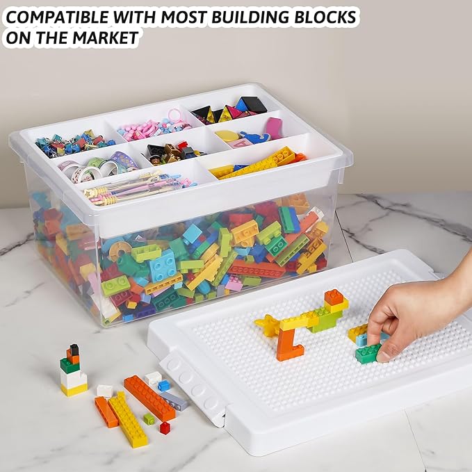 loobuu Plastic Storage Bins with Lids - 3 Set Stackable Arts Crafts Organizer Box with Removable Divided Tray &Compatible Building Baseplate,Toy Chest Containers for Bricks -White