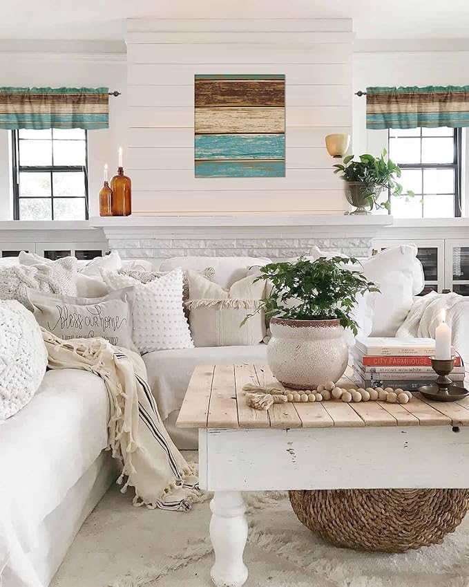Farmhouse Kitchen Curtains Valances for Windows Teal Turquoise Green Brown Country Rod Pocket Window Treatment for Kitchen /Living Room/Bedroom/ Bathroom,42" X 18" -1 Panel, Retro Rustic Barn Wood