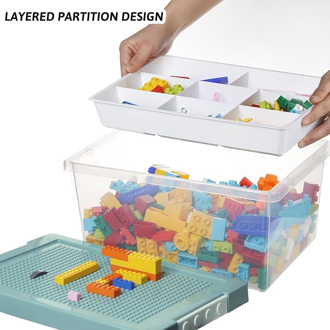 loobuu Plastic Storage Bins with Lids - 1 Set Stackable Arts Crafts Organizer Box with Removable Divided Tray &Compatible Building Baseplate,Toy Chest Containers for Bricks -Green(14.37"x9.64"x6.69")