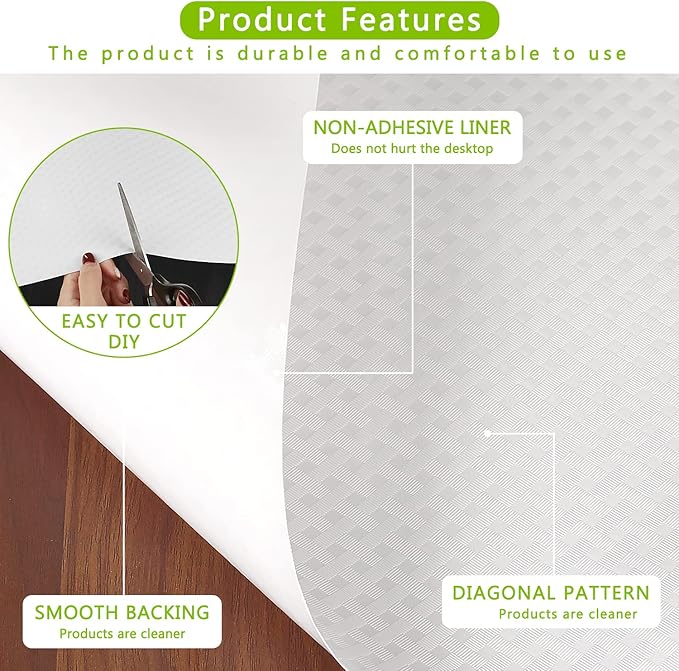 HooTown Shelf Liner Kitchen Cabinet Drawer Mats 11.8 Inch Wide x 236.2 inch Long, Non Adhesive EVA Plastic Washable Waterproof Protective Pad for Pantry Closet, Cupboard, White