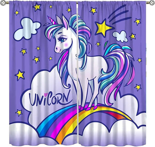 Kids Unicorn Curtains Purple Cartoon Rainbow Cartoon Room Blackout Curtains Boys Girls Baby Room Decor Curtains Living Room Decor 52x84 Inch 2 Panels