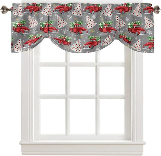 Red Truck Christmas Blackout Tie Up Valance Curtains for Kitchen Windows Merry Christmas Tree Window Toppers Balloon Shades for Living Room/Bathroom/Bedroom,1 Panel, 42" X 18", Winter Snowflake Grey