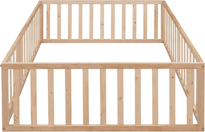 Full Size Floor Bed with Fence, Solid Wood Floor Bed Frame for Kids with Door, Twin Platform Bed for Boys and Girls Kids Teens, Fun Design, for Children Bedroom
