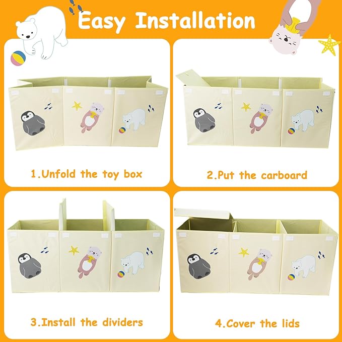 Large Toy Box Storage Chest,Sturdy Toys Storage Organizer Bin Basket with Dividers and Lids for Toddlers,Boys,Girls,Nursery,Closet,Living Room Area,Playroom(Beige Animals)