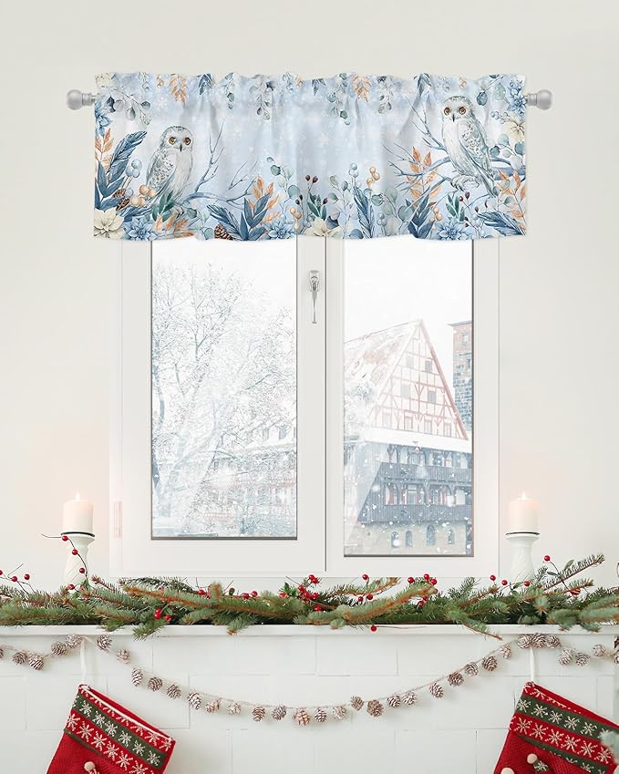 Blue Christmas Valance Curtains for Kitchen Windows Winter Snowy Owl Poinsettia Eucalyptus Leaves Rod Pocket Window Treatment Toppers for Kitchen/Living Room/Bedroom/Bathroom, 42" X 12",