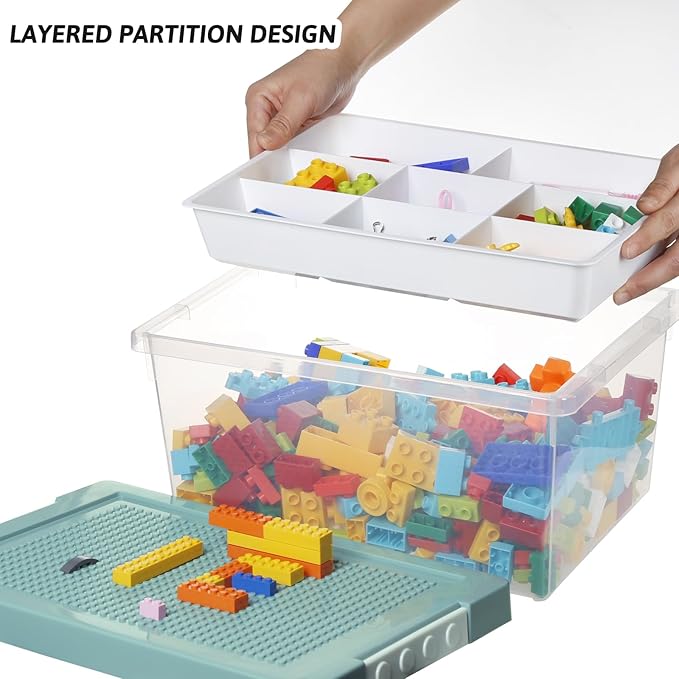 loobuu Plastic Storage Bins with Lids - 3 Set Stackable Arts Crafts Organizer Box with Removable Divided Tray & Compatible Building Baseplate, Toy Chest Containers for Bricks (14.37"x9.64"x6.69")