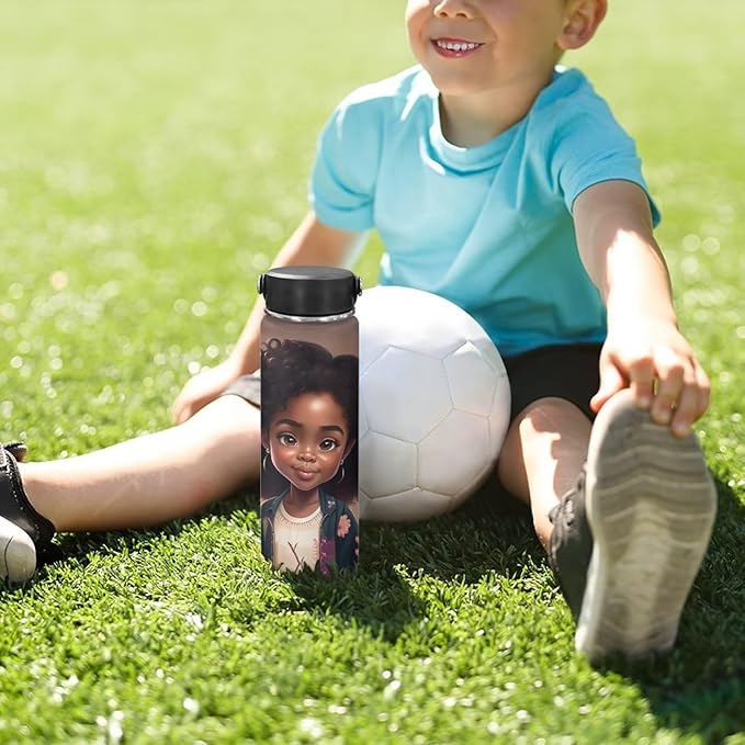 Magic Princess Teens Water Bottle 20 oz Insulated Water Bottle Afro American Stainless Steel Metal Flask Wide Mouth Bottle for Sports, Office, Travel Cup Keep Water Cold or Warm