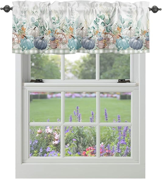 Fall Thanksgiving Kitchen Curtains Valances for Windows Navy Blue Pumpkins Green Eucalyptus Leaves Rod Pocket Window Treatment for Kitchen /Living Room/Bedroom/ Bathroom 54" X 18",Sage Farmhouse Plaid