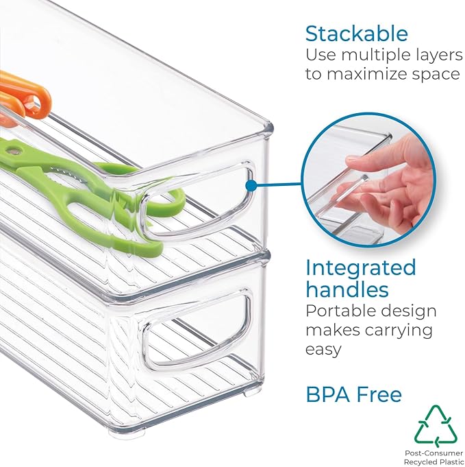 IDesign BPA-Free Plastic Pantry and Kitchen Storage, Freezer and Fridge Organizer Bin with Easy Grip Handles – 16" x 4" x 3", Clear