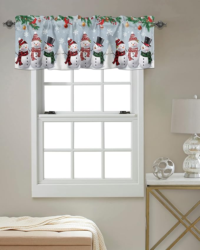 Christmas Kitchen Curtains Valances for Windows Snowman Cardinal Rod Pocket Window Treatment for Kitchen/Living Room/Bedroom/Bathroom,42" X 18" -1 Panel, Bluish Grey Winter Holiday