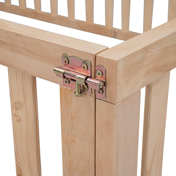 Full Size Floor Bedframe with Door and Safety Guardrails Fence, Solid Wooden Toddler Montessori Platform Bed for Children Bedroom, Boys Girls, Kids Playroom