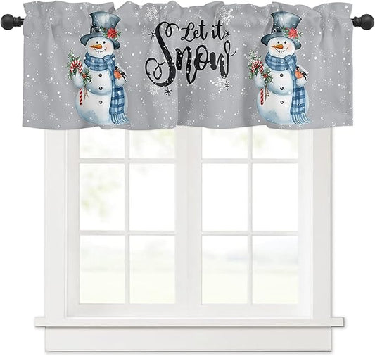 Snowman Christmas Valance Curtains for Kitchen Windows Let It Snow Winter Holiday Rod Pocket Window Treatment Toppers for Kitchen/Living Room/Bedroom/Bathroom, 60" X 18", Grey White