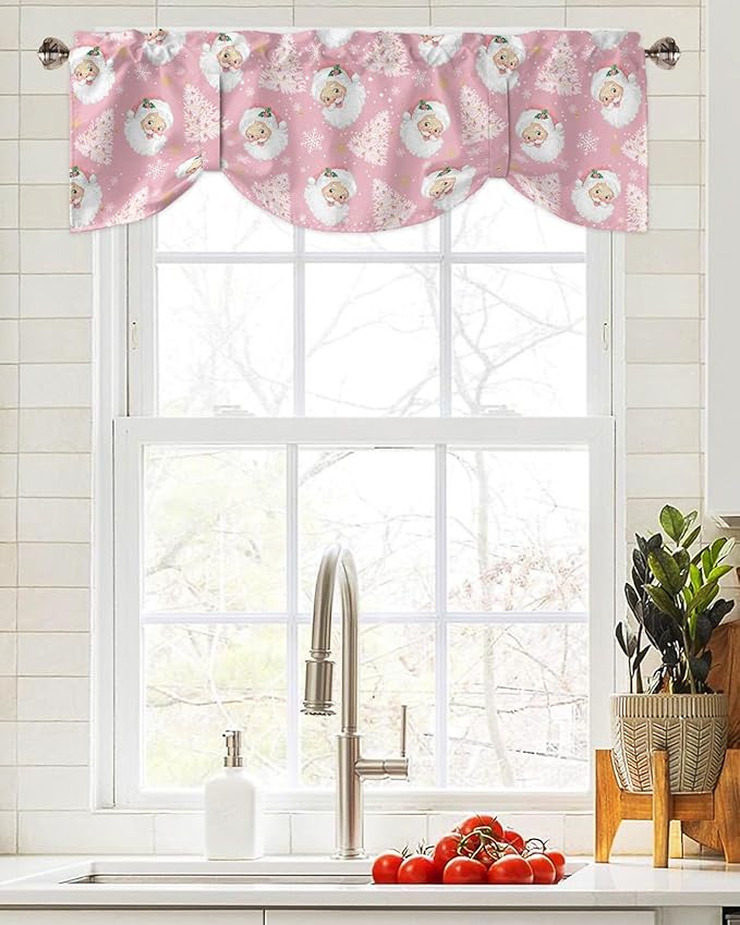 Pink Christmas Blackout Tie Up Valance Curtains for Kitchen Windows Santa Claus Merry Christmas Tree Window Toppers Balloon Shades for Living Room/Bathroom/Bedroom,1 Panel, 42" X 12", Winter Snowflake