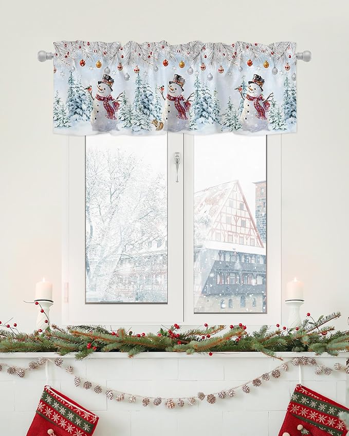 Snowman Valance Curtains for Kitchen Windows Blue Merry Christmas Tree Red Balls Squirrel Rod Pocket Window Treatment Toppers for Kitchen/Living Room/Bedroom/Bathroom, 60" X 18", Winter