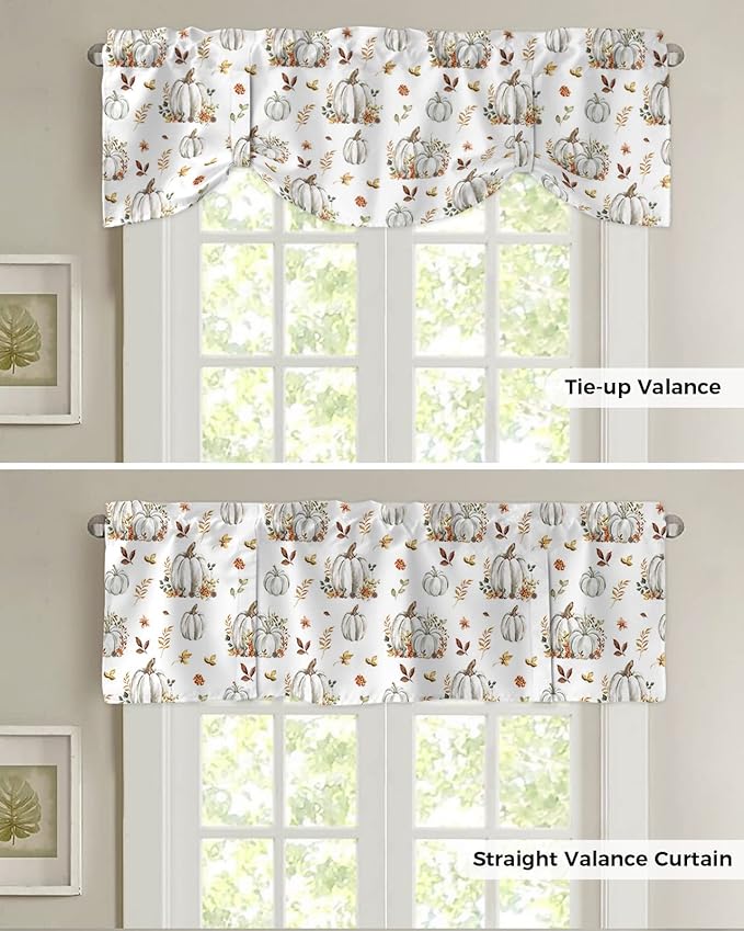 Fall Floral Leaves Blackout Tie Up Valance Curtains for Kitchen Windows Thanksgiving Pumpkins Window Toppers Balloon Shades for Living Room/Bathroom/Bedroom,1 Panel,42" X 18" Boho