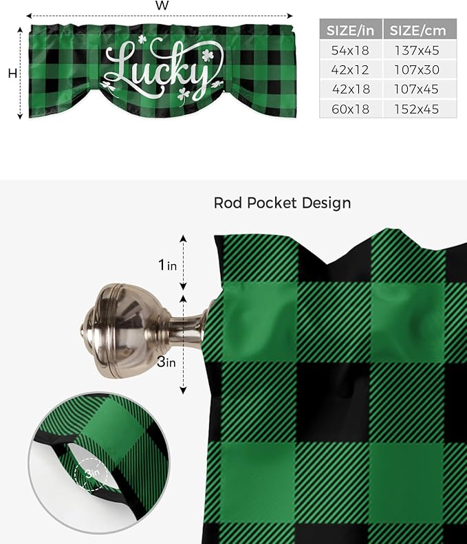 St. Patrick's Day Buffalo Plaid Blackout Tie Up Valance Curtains for Kitchen Windows Lucky Shamrocks Clover Window Toppers Balloon Shades for Living Room/Bathroom/Bedroom,1 Panel, 42" X 18",Green