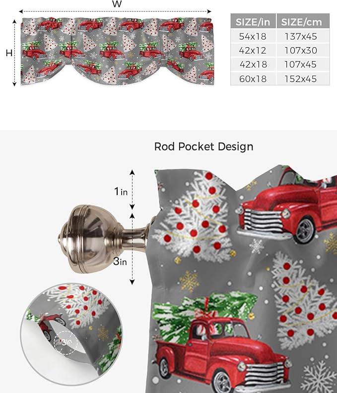 Red Truck Christmas Blackout Tie Up Valance Curtains for Kitchen Windows Merry Christmas Tree Window Toppers Balloon Shades for Living Room/Bathroom/Bedroom,1 Panel, 42" X 18", Winter Snowflake Grey