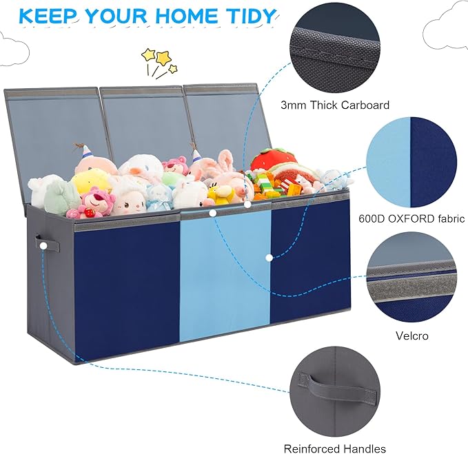 Large Toy Box Chest with Lid, Oxford Collapsible Sturdy Toy Storage Boxes Bins Baskets for Boys, Girls, Closet, Playroom, Nursery Room, 39"x15.5"x13" (Light Blue & Dark Blue)