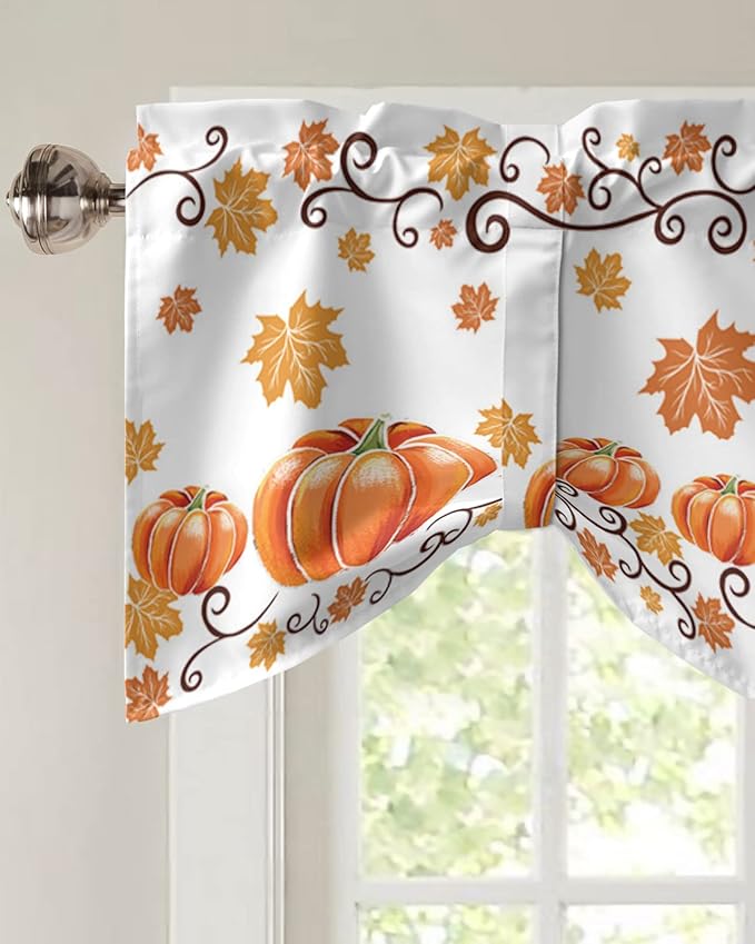 Fall Maple Leaves Blackout Tie Up Valance Curtains for Kitchen Windows Thanksgiving Watercolor Pumpkins Window Toppers Balloon Shades for Living Room/Bathroom/Bedroom,1 Panel,42" X 18" Orange