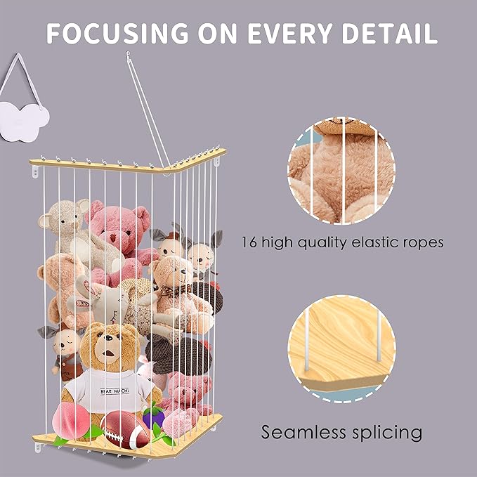 Stuffed Animal Storage Wood Corner Plush Toys Holder, 2-in-1 Splice and Length Adjustable Hanging Stuffed Animal Toy Organizer Shelf for Nursery Kid Room Play Room Bedroom (2PCS)