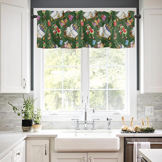 Merry Grin-chmas Christmas Window Valance for Kitchen Living Room, Retro Style Window Curtain for Bedroom, Christmas Grin-ch Window Valance Rod Pocket Window Treatment, Christmas Decors, 54" W x 18" L