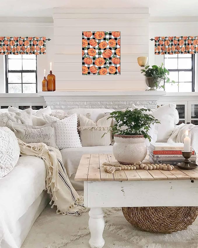Fall Kitchen Curtains Valances for Windows Thanksgiving Halloween Pumpkins Rod Pocket Window Treatment for Kitchen /Living Room/Bedroom/ Bathroom,54" X 18" , Farmhouse Black White Buffalo Plaid