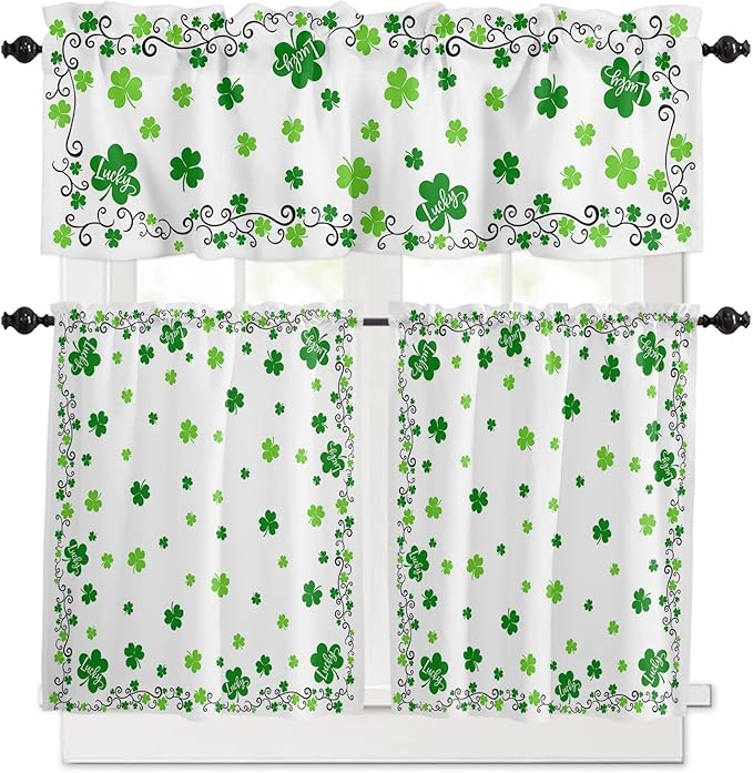 St. Patrick's Day Kitchen Curtains and Valances Set, Green Shamrock Irish Clover Window Tiers Seasonal Spring Holiday Half/Short Curtains for Small Windows Cafe /Living Room/ Bedroom 54x24 in