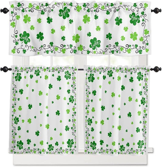 St. Patrick's Day Kitchen Curtains and Valances Set, Green Shamrock Irish Clover Window Tiers Seasonal Spring Holiday Half/Short Curtains for Small Windows Cafe /Living Room/ Bedroom 54x24 in