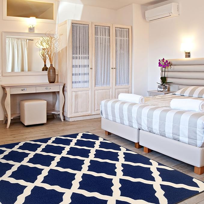 Machine Washable Moroccan Trellis Design Non-Slip Rubberback 5x7 Traditional Indoor Area Rug for Living Room, Bedroom, Dining Room, 5' x 6'6", Navy